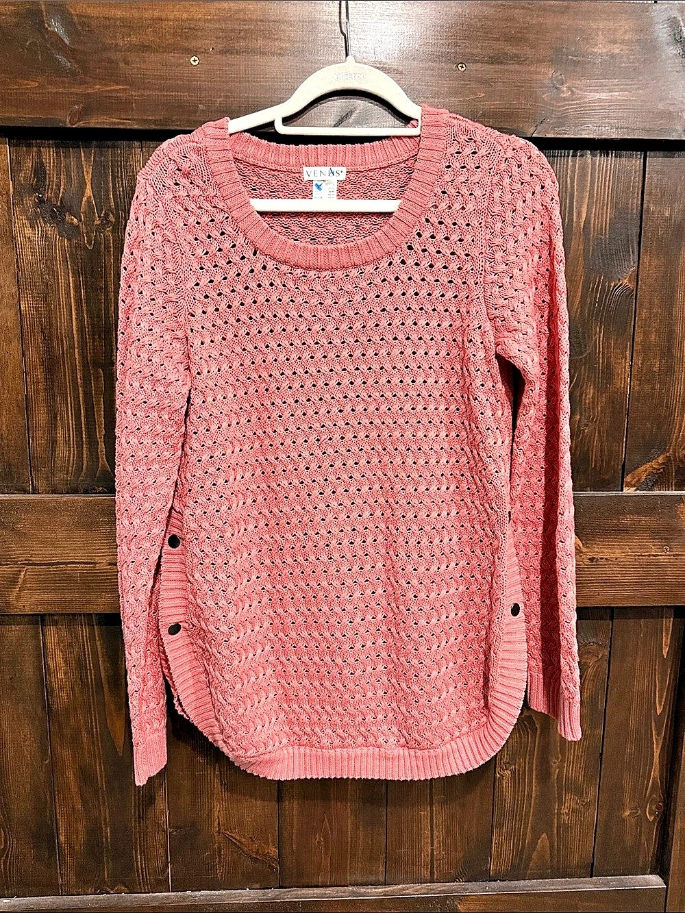 VENUS Open-Knit Side Button Tunic Sweater Pink Small
